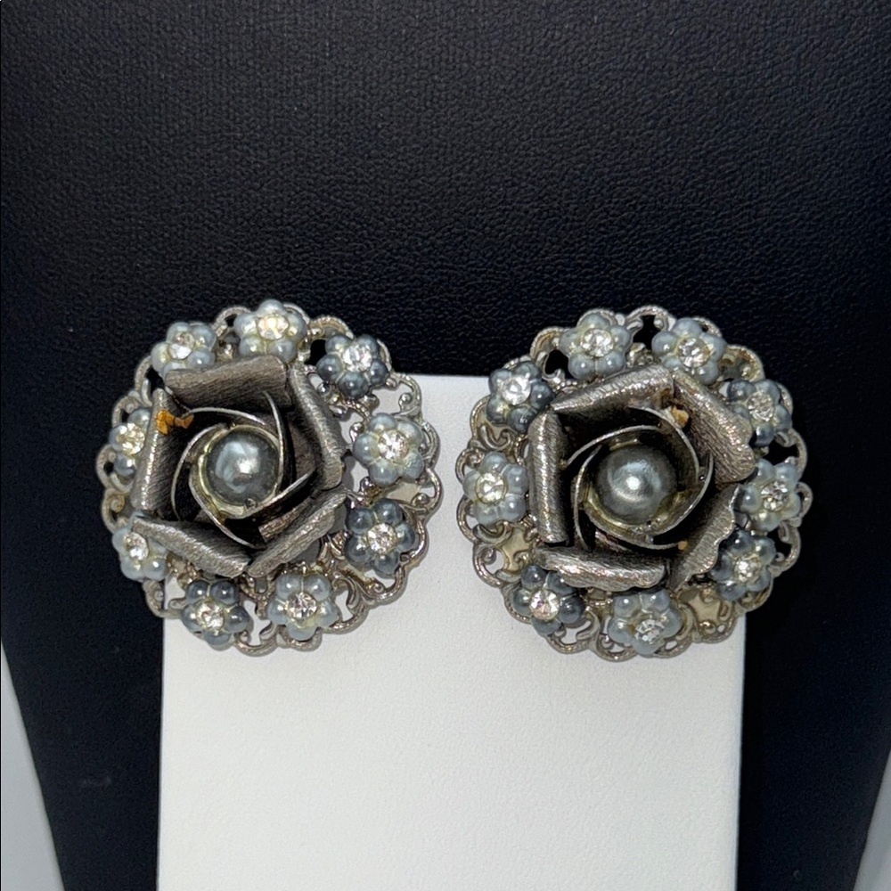 Vintage Whimsigoth mixed media metal rhinestone flower clip statement earrings